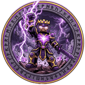 Personaje de Minecraft con corona y espada en un escenario de tormenta eléctrica.