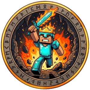 Moneda de Minecraft con guerrero en batalla y fuego de fondo.